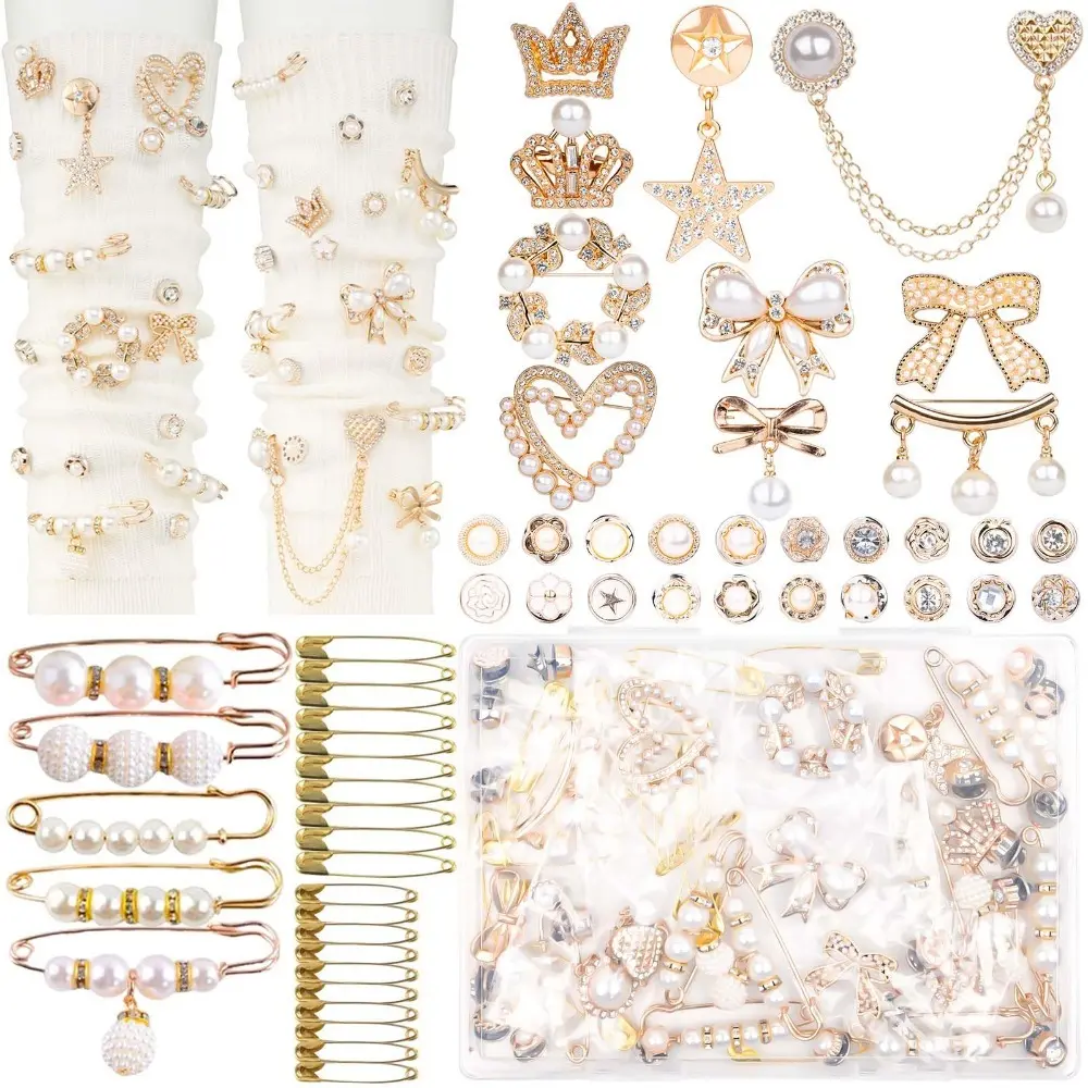60 Pcs Junk Socks Charms Kit, Gold Brooches and Pins for Women, Pearl and Rhinestone Sock Charms with Safety Pins, DIY Accessories for Decorating and Personalizing Socks