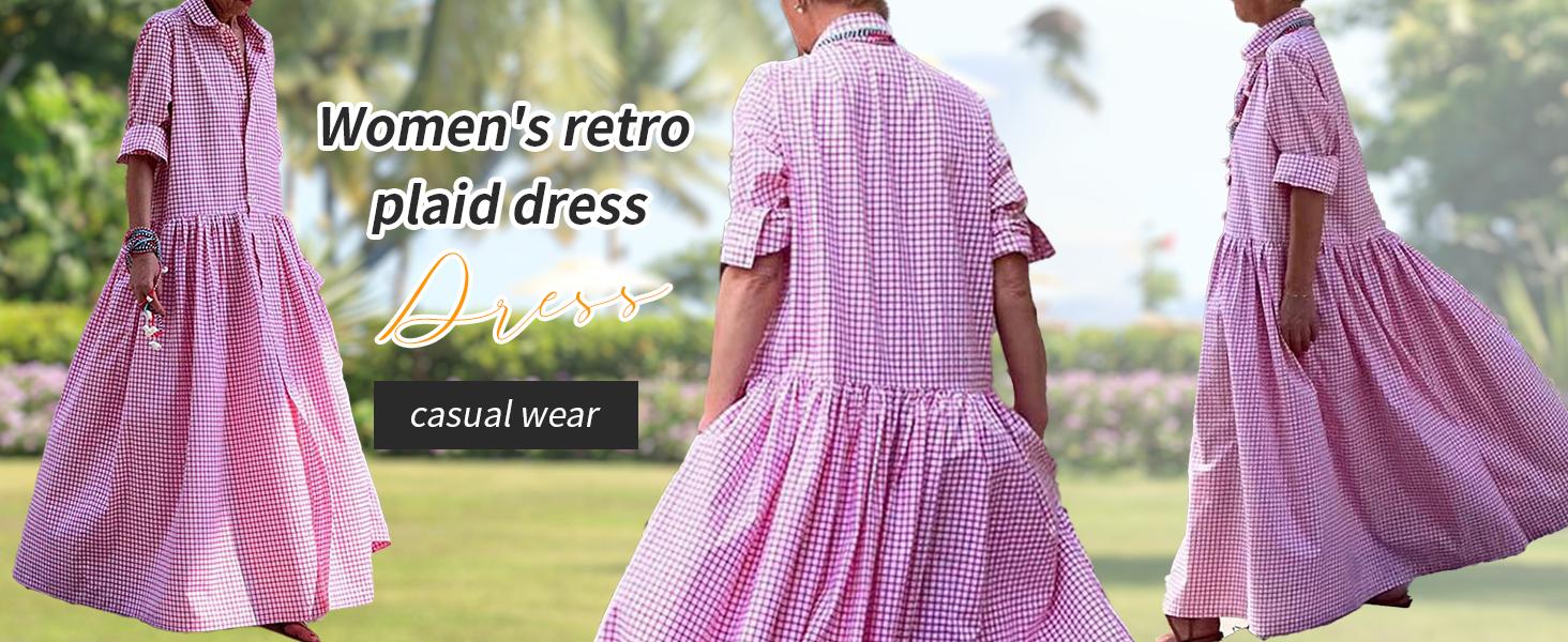 Chouyatou Women's Vintage Plaid Shirt Dress Loose Long-Sleeved Checkered A-Line Maxi Dress Chouyatou Women's Vintage Plaid Shirt Dress Loose Long-Sleeved Checkered A-Line Maxi Dress