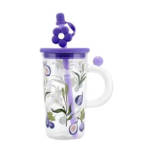 Ousbo Fig Pattern Glass Mug 750ml - Cute Floral Single Wall Drinking Cup for Coffee, Tea, Water