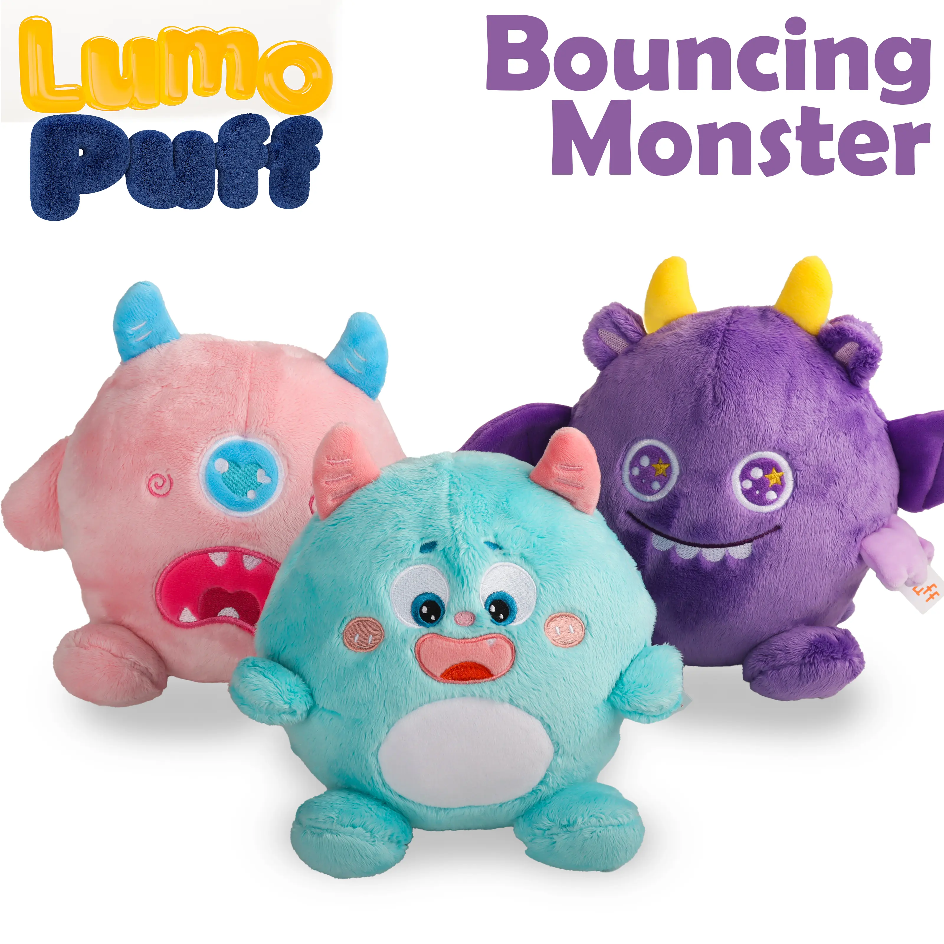 LUMO PUFF Unisex Rechargeable Musical Plush Toy - 9.5"x8.5" Soft Fabric Bouncing Monster, 3-4 Years Children Development Toy with Voice Record, Mimic, Built-in 48 Melodies, Inside Out Emotion Reflection - Xmas Gift