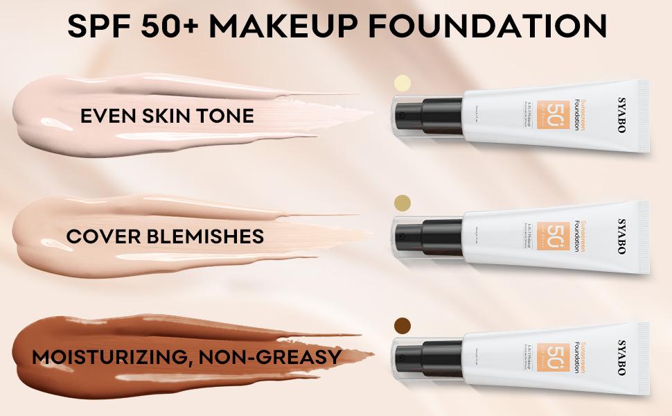 SYABO Sunscreen Liquid Foundation, 4 in 1 Makeup Liquid Foundation, Broad Spectrum SPF 50+ Sunscreen, Floral Concealer Liquid Foundation, Natural Makeup, Delicate and Fitting, Effectively Blocks UV Rays, Suitable for All Skin Types, Three Colors Cosmetic