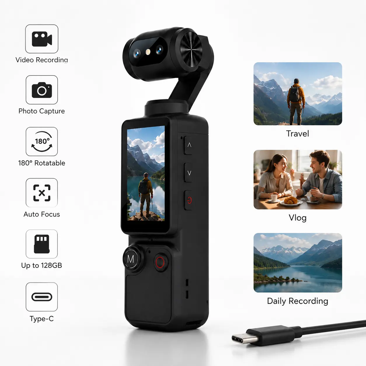 Portable Pocket Digital Camera with 180° Rotating Lens, 1.9" LCD Screen, Type-C Charging, Built-in Microphone for Daily Recording, Travel & Family Moments