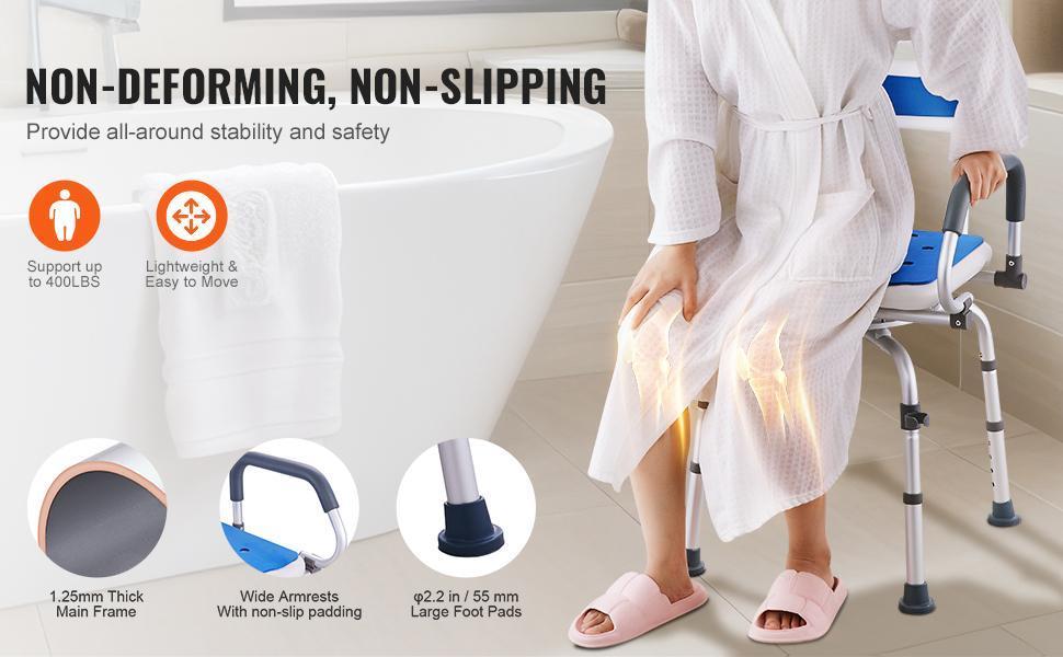 VEVOR Non-Slip Shower Chair, TikTokShopBlackFriday, 360° Swivel Bathtub Shower Stool with Pivoting Arms & Padded Seat and Back, Height Adjustable Rotating Bathtub Shower Seat for Elderly Disabled, Max 500LBS Capacity