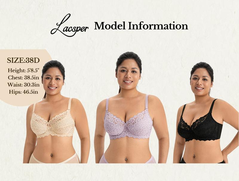 Lacsper Jasmine Plus Size Lace Bra with Special Lace Detailing Unlined Non-Padded Full Coverage Comfortable Supportive All Day