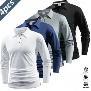 Men’s four-piece long-sleeve polo set, quick-dry golf/tennis apparel featuring a comfortable color-block collar and cuffs, suitable for both casual and athletic wear. graphic shirts