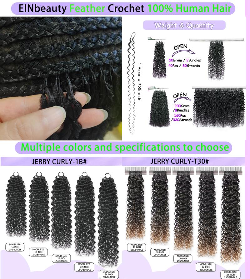 New 2026 ElNbeauty Jerry Curly Feather Crochet HumanHair Bundles, Lightweight Pre-Separated Super InvisiblyKnot and Durable Reusable Natural Black 100% HumanHair 16-24inches Optional