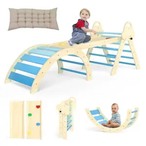 7-in-1 Wooden Pikler Triangle Foldable Indoor Climbing Set with Arch, Ramp, Ladder & Cushion