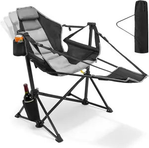 Hammock Camping Chair with Footrest & Pillow – Swinging Portable Folding Rocker for Adults, Heavy Duty 500lbs Capacity, Oversized with Cup Holder for Patio Beach Outdoor