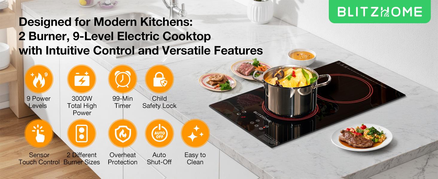 Electric Stove Top 2 Burner, 12inch Electric Cooktop, Built-in Ceramic Cooktop with 9 Power Levels/Timer/Child Safety Lock/Touch Control/Overheat Protection, 220-240V, Hard Wire, No Plug