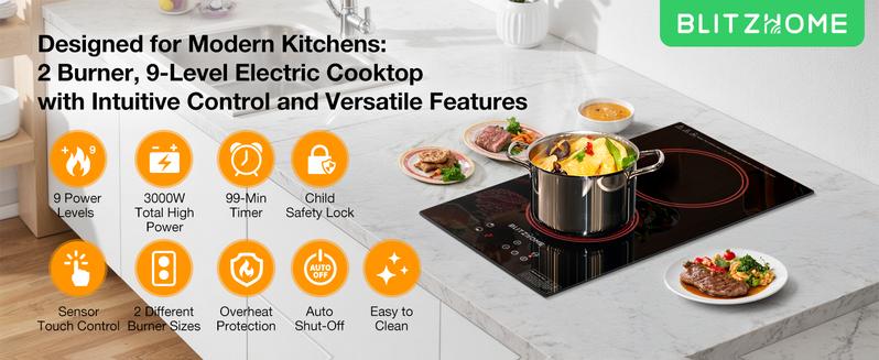 【Valentine's Day Gift】Electric Stove Top 2 Burner, 12inch Electric Cooktop, Built-in Ceramic Cooktop with 9 Power Levels/Timer/Child Safety Lock/Touch Control/Overheat Protection, 220-240V, Hard Wire, No Plug 【Valentine's Day Gift】Electric Stove Top 2 Burner, 12inch Electric Cooktop, Built-in Ceramic Cooktop with 9 Power Levels/Timer/Child Safety Lock/Touch Control/Overheat Protection, 220-240V, Hard Wire, No Plug