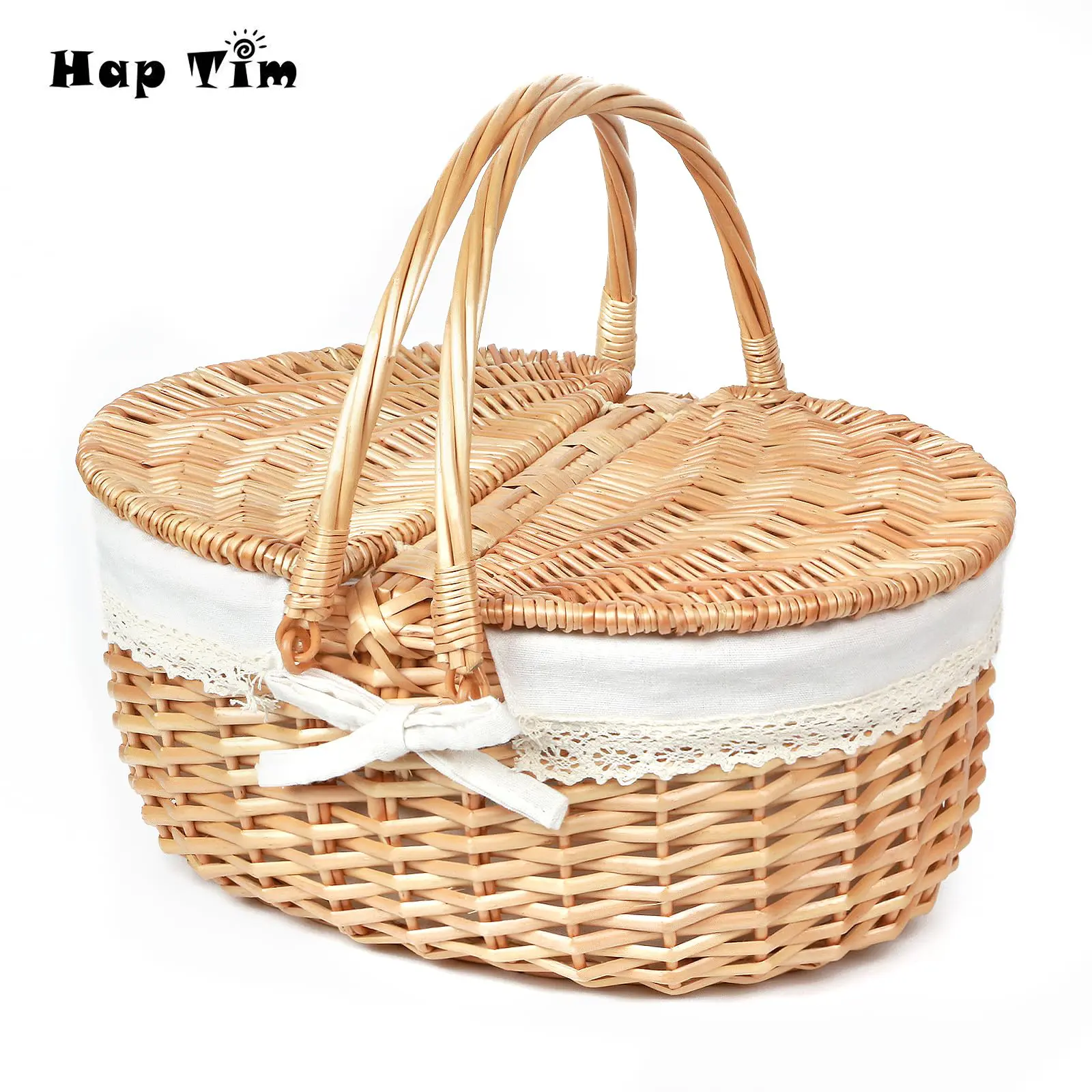 Hap Tim Wicker Picnic Basket for 2 with Lid, Woven Cute Basket with Handle, Storage Basket with Washable Lining & Dual-Flid Lid, Natural Willow Picnic Hamper Unique Gifts Ideas for Couple, Engagement, Wedding Gifts #Summervibes