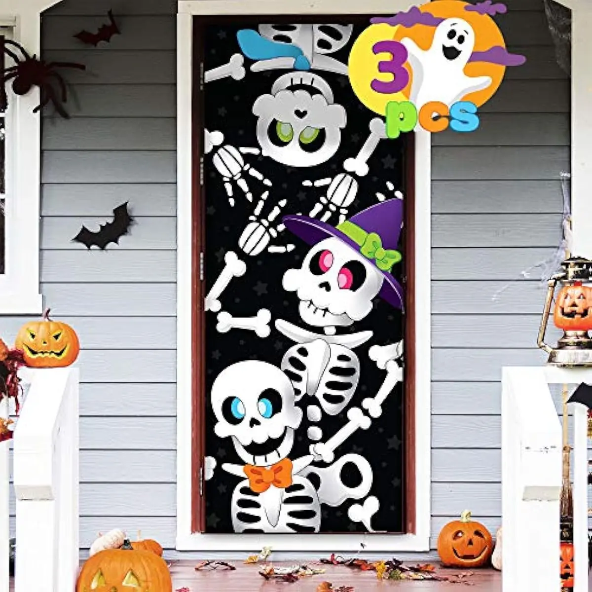 3 Pcs 30x72 Door Cover Skeleton Halloween Decorations Indoor, Haunted House Home Decor Stickers Party Supplies Favors for Garage Window Wall Cute