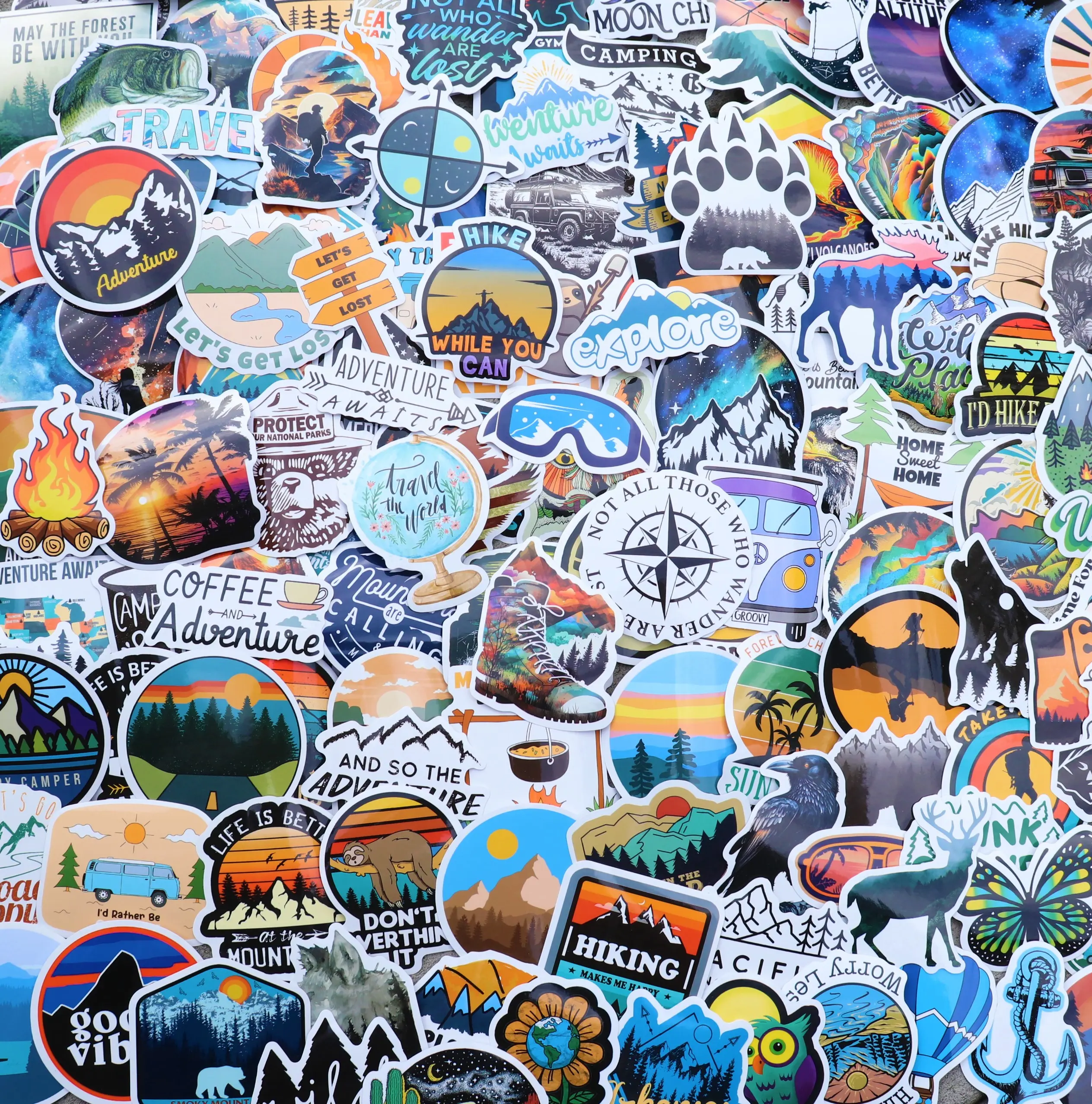 200 Pcs Outdoor Hiking Waterproof Vinyl Decals - Long Wearing, Strong Sticky Office Labels for Hikers, Camper Supplies, Laptops, Water Bottles; Adventure & Outdoor Safe Multi-Use Stickers, 200 Pieces