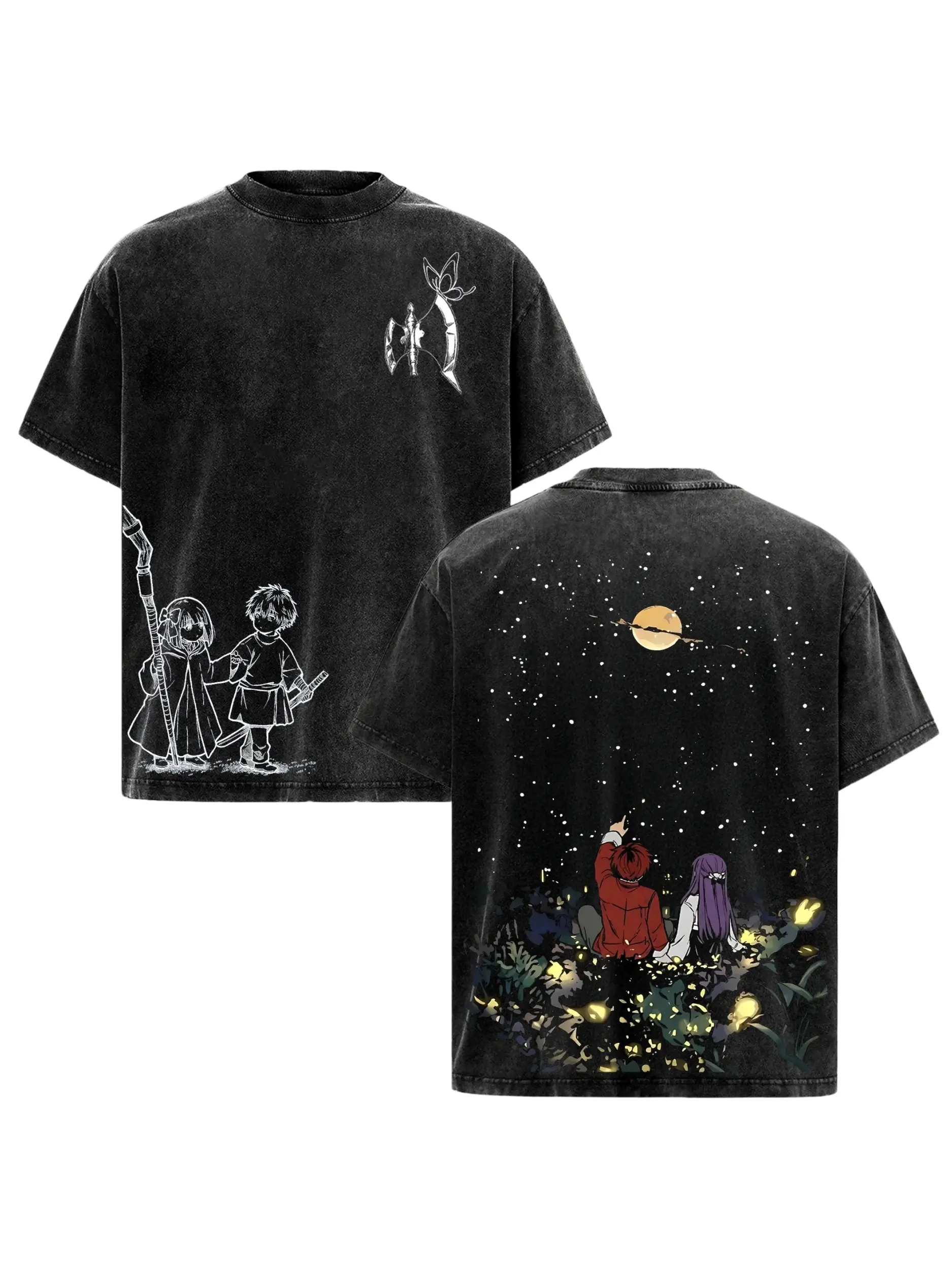 Stark Fern "Under the Stars" Frieren Season 2 Beyond Journey's End Anime Print Short-Sleeve Crew Neck T-Shirt, Washed Heavy Cotton Unisex Menswear Top, Fitted Cut Foldable Streetwear Gift for Anime Fans