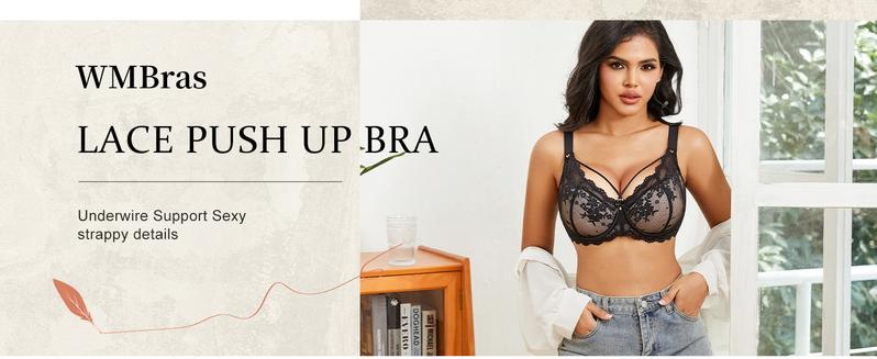 WMBras Sexy Lace Bras for Women Plus Size Push Up Bra Full Coverage Underwire Bra Buttery Soft Deep V Everyday Tshirt Bra