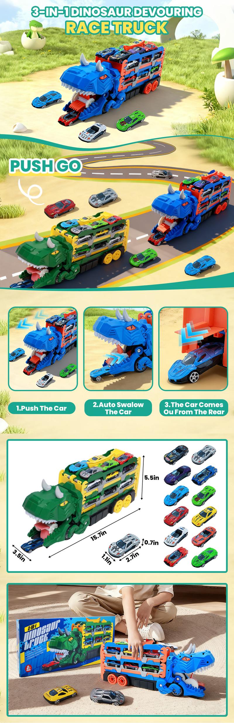 Dinosaur Transport Truck Toy for Toddlers – 12 Die-Cast Cars, Transforms into Dino, Perfect Gift for 3-6 Year Old Boys