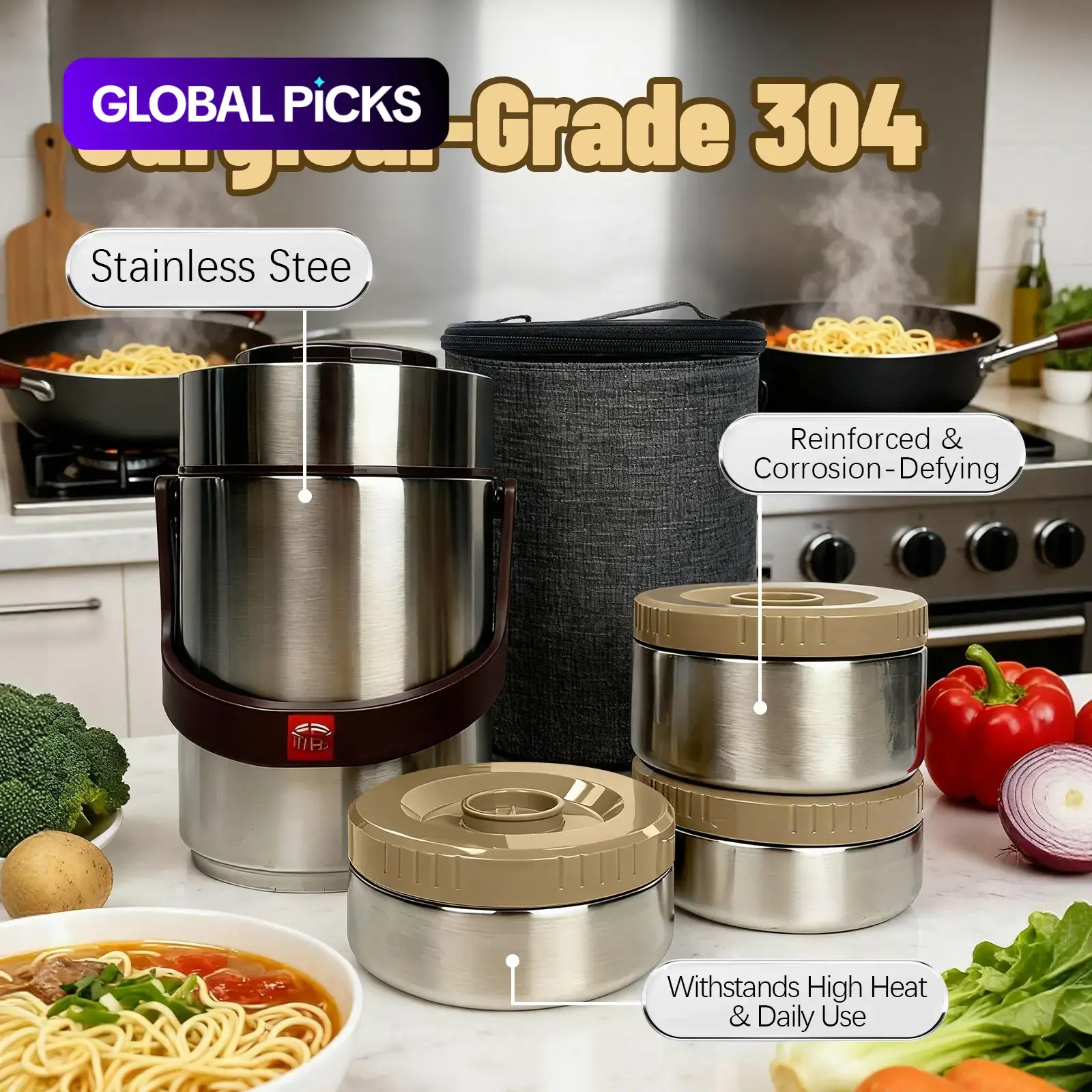 67.63oz 304 Stainless Steel Vacuum Insulated Lunch Box with Insulated Bag, Portable 3-Layer Insulated Compartments, Thermal Lunch Boxes, Insulated Lunchbox, Leakproof Bento Box, Leakproof Food Containers #GLOBAL PICKS