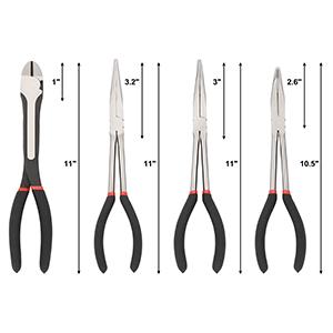 4PCS Long Reach Pliers Set - 11" Needle Nose, 45 & 90 Bent Nose, Diagonal Pliers for Narrow Spaces