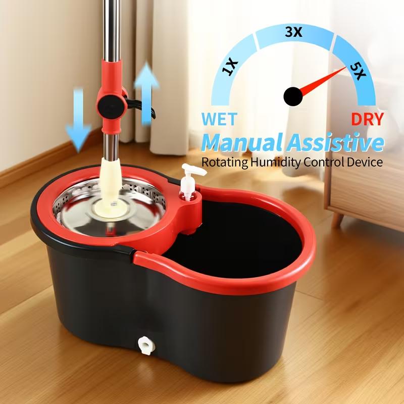 Spin Mop Bucket with Wringer Set Operable 360° Rotating Mop Bucket Set with 3 Microfiber Replacement Heads Stainless Steel 49 Inch Adjustable Handle Household Cleaning Tools Black Plastic
