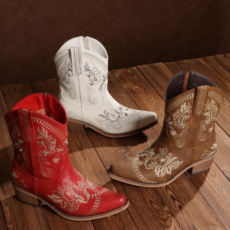 Rhinestone Ankle Cowboy Boots for Women Embroidered Short Cowgirl Boots with Low Heel Side Zipper Comfortable Chunky Heel Western Booties for Prom Party Wedding Pull On Shoe