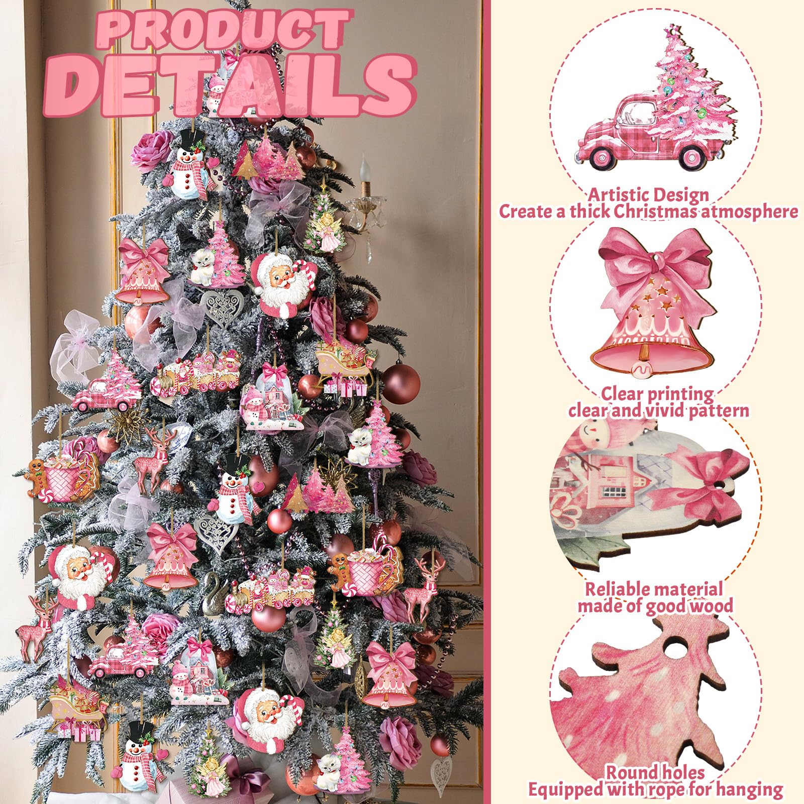 Christmas Clearance Sale 36 Pcs Christmas Ornaments Set Cute Pink Christmas Santa Claus Snowman Design Wooden Hanging Ornaments Christmas Decorations for Xmas Tree Holiday Party Home Decor Winter Crafts Supplies Christmas Gift Pink Girly Aesthetic