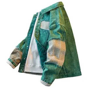 Vintage Men Denim Patchwork Jacket Spring Autumn High Street CoatCasual Loose Jeans clothing Streetwear retro mecha