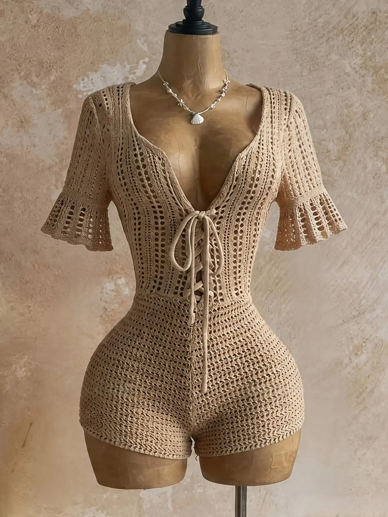 Sexy Aesthetic Crochet Knit Bohemian Boho Romper Deep V Lace Up Adjustable Hollow Out Short Sleeve Bodycon Fit Lightweight Playsuit for Women Spring Summer Beach Vacation Clubwear