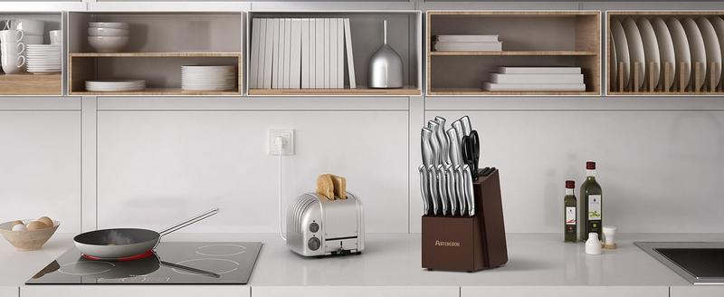 【Silver Iron Throne】Astercook Knife Set, 14-Piece Kitchen Knives Set Utensils Built-in Knife Sharpener, Dishwasher Safe Blade with Kitchen Steak Knives Steel Cutting Home