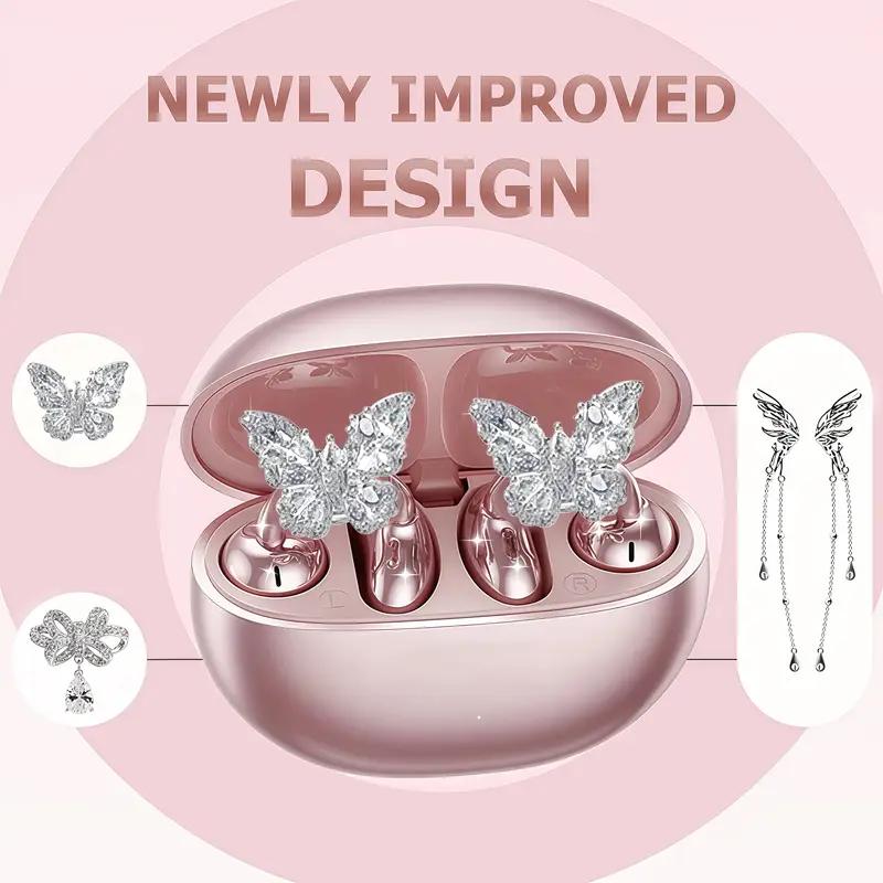 [Valentine's Day] Tukio 2026 Jewelry-Inspired Clip-On Earbuds with Butterfly Earrings Comfortable Fit 50H Playtime Bluetooth 5.4 Wireless Headphones for Women Sports Workouts
