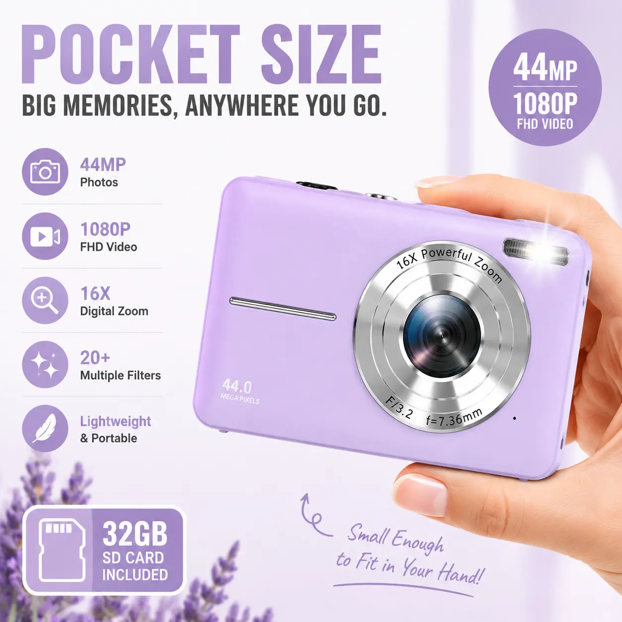 CAMKORY Portable Pocket Vlogging Digital Camera - 32GB Micro SD Card, Wrist Strap, Self-Timer, Anti-Shake, 16X Zoom, 1080P FHD, 44MP Point & Shoot for Daily Photography, Cool Mini Gadgets for Purse Digital Cameras, Teenage Boy Girl Gifts tiktokshopbacktos