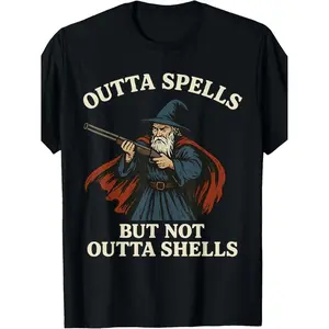 Outta Spells But Not Outta Shells Wizard Fantasy Meme T-Shirt | Fashion Boutique, Casual Wear, Crew Neck, Vintage Style