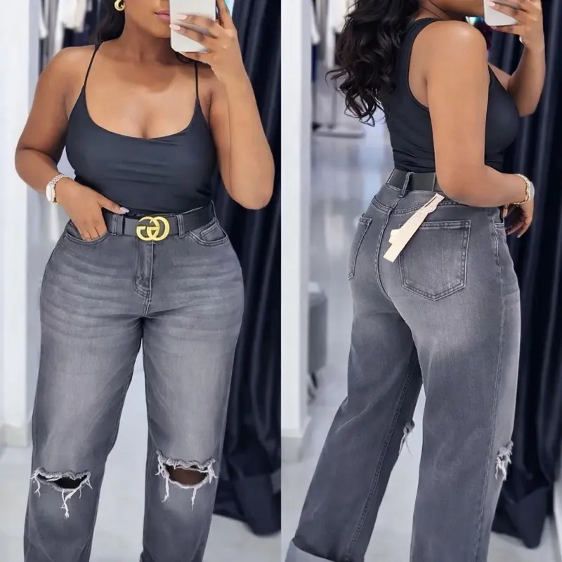 Women's Premium Distressed Straight Leg Denim Jeans - Fitted, Minimalist Streetwear Pants with Belt for Everyday Wear, Pairable with Blazers & Tops
