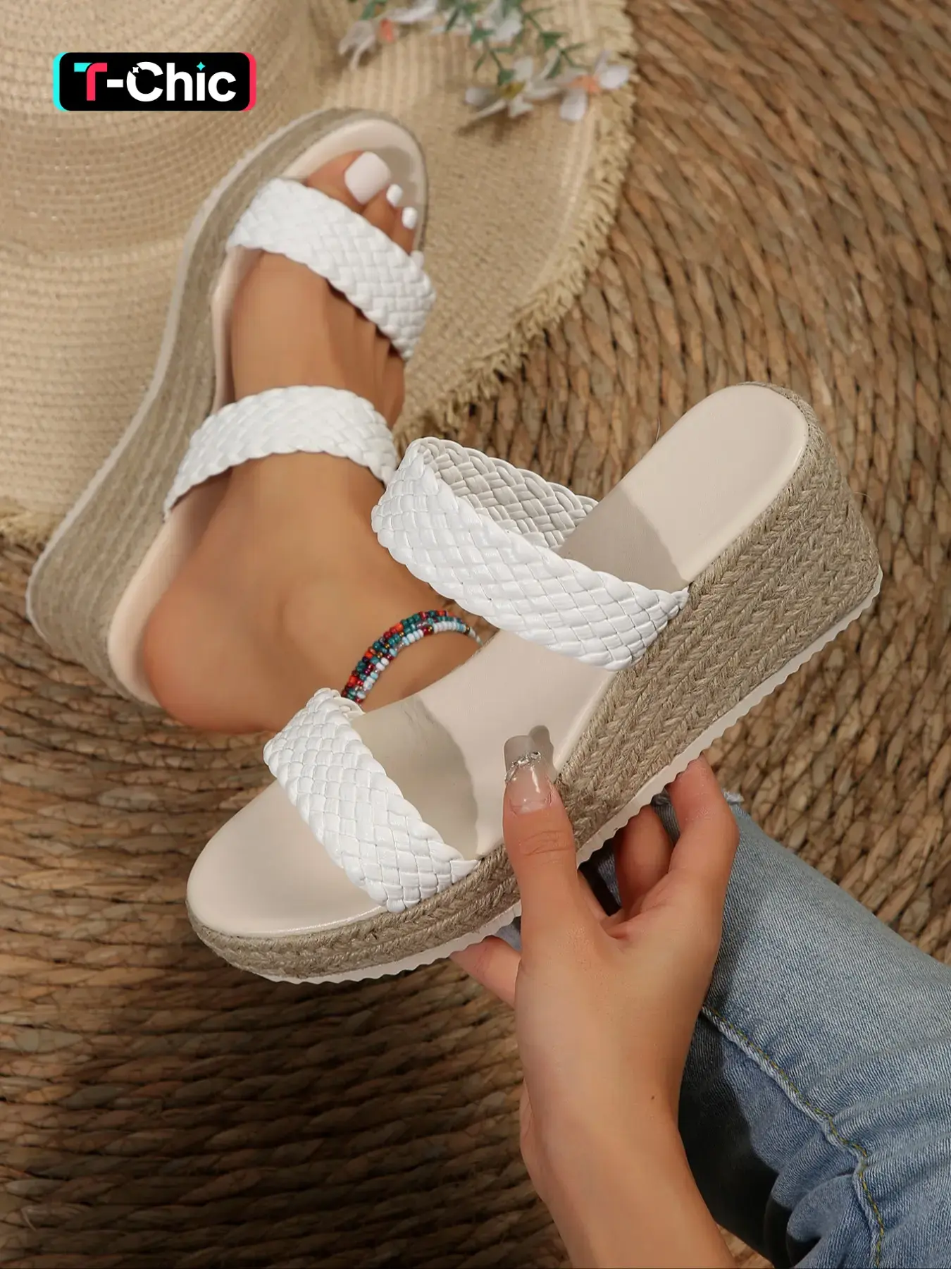 Women's Espadrille Wedge Sandals, Boho Wedge Sandals, Wide Fit Woven Platform Slides, Heeled Slide Sandals, Cloud Comfort Arch Support Summer Shoes, Casual High Wedge Sandals, PU Woven Sandals