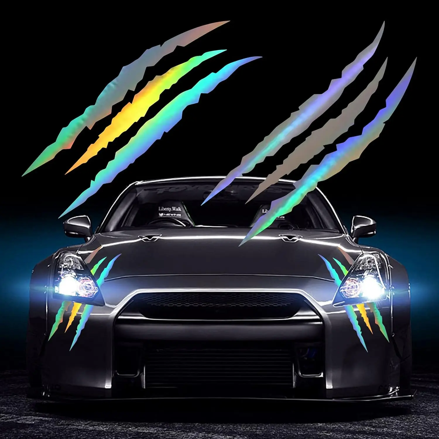 2PCS Holographic Silver Claw Mark Car Stickers - 15.8in Monster Claw Scratch Stripe Sticker Film for Dodge Challenger, Dodge Charger, Car Headlight Decoration, Holographic Stickers