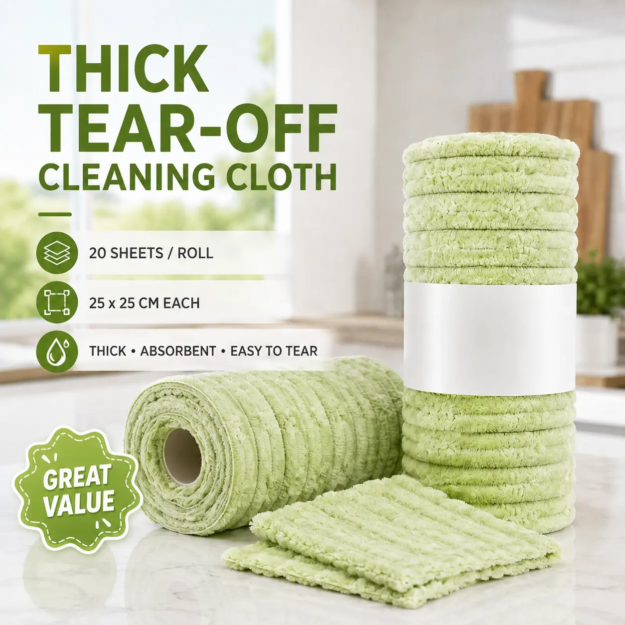 20-Sheet Thick Tear-Off Cleaning Cloth Roll, Reusable Absorbent Kitchen Dish Cloths, 25 x 25cm Plush Wipes for Dishes, Countertops, Sink, Stove & Home Cleaning