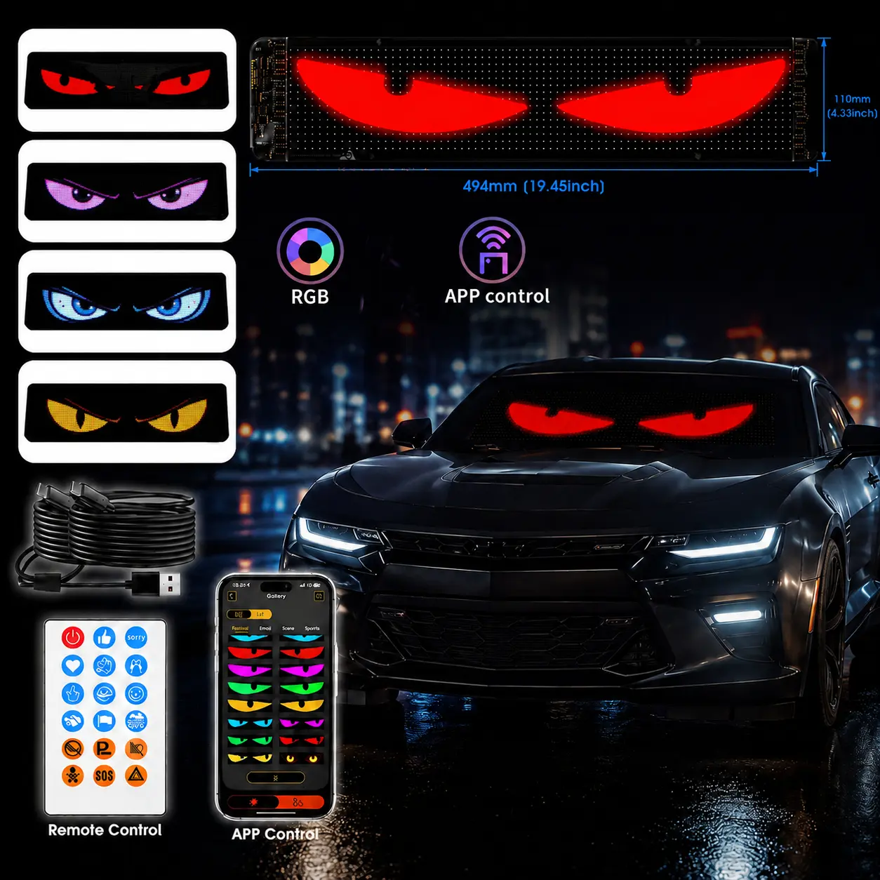 Devil Eyes LED Light, Animated Car Eyes for Car Trucks SUVs Windshield | Dual-screen Sync App & Remote Control, 19.37'' x 4.33'', IP65 Waterproof, Programmable Patterns for Night & Car Meets
