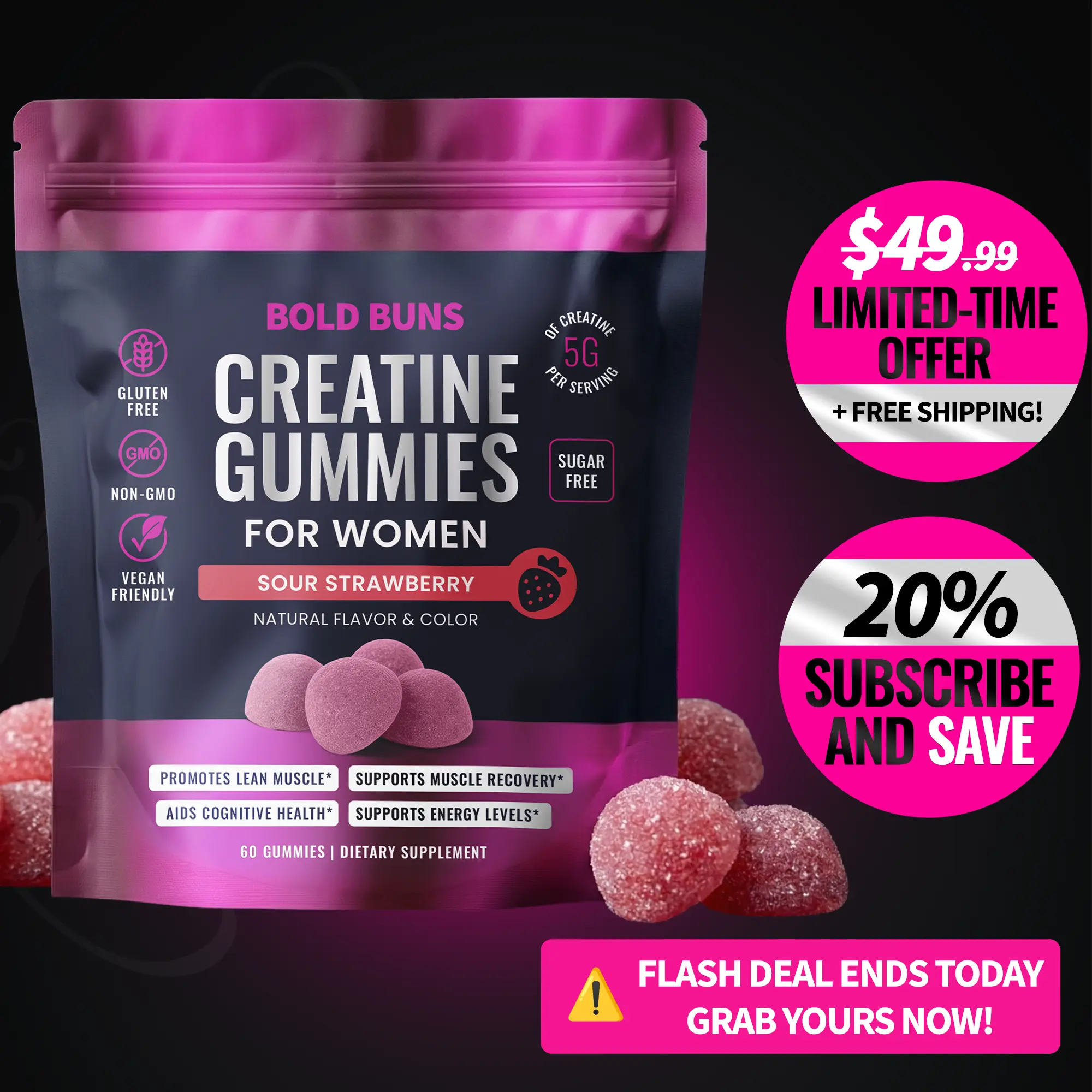 Bold Buns Creatine Monohydrate Gummies for Women – 5g Creatine Per Serving – Sugar Free, Vegan, Non-GMO, Gluten Free – Muscle Support, Workout Recovery & Energy Support – 60 Gummies