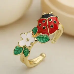 Ladybug Ring – Gold Plated, Enamel Flower Nature Ring, Adjustable