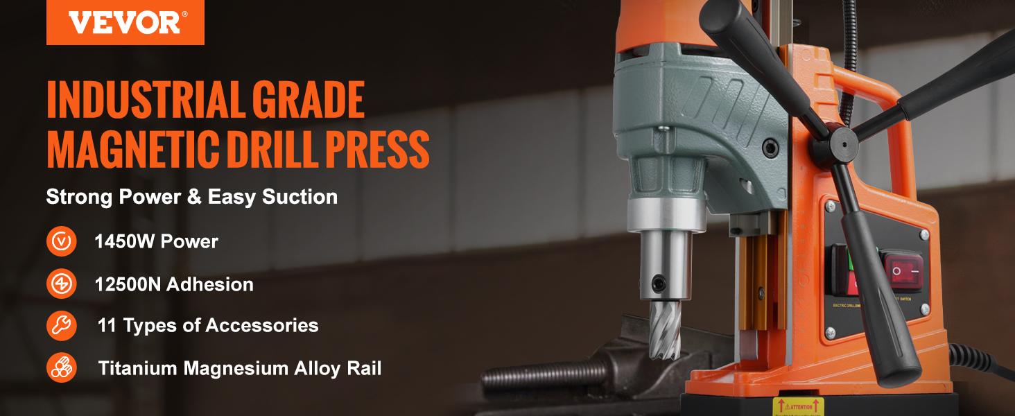 VEVOR Magnetic Drill, Various specifications, 1450W Boring Diameter, Portable Electric Mag Drill Press, with Variable Speed, Drilling Machine for any Surface Home Improvement Industry Railway
