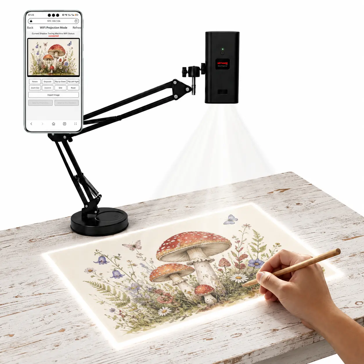 Beginner Wireless Digital Tracing Light Projection Projector - 360° Adjustable Stand, Type-C, for Sketch, Phone Compatibility, Art Supplies, Cookie Decorating, Craft Room Drawing Practice