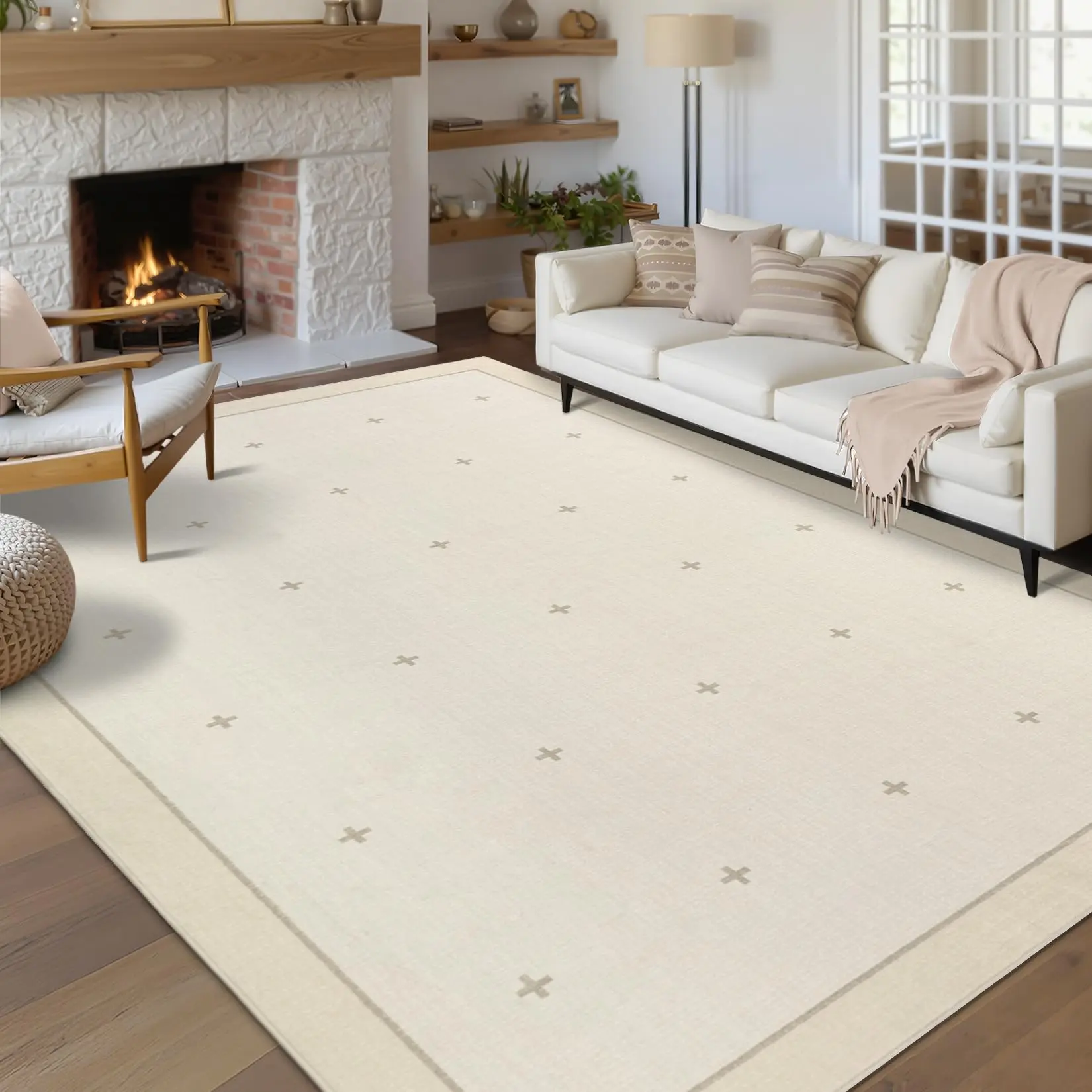 10x14 Large Area Rugs for Living Room Modern Bordered Washable Rug Non Slip Low Pile Soft Bedroom Carpet Minimalist Foldable Non-Shedding Floor Cover for Dining Room Nursery Dorm Beige