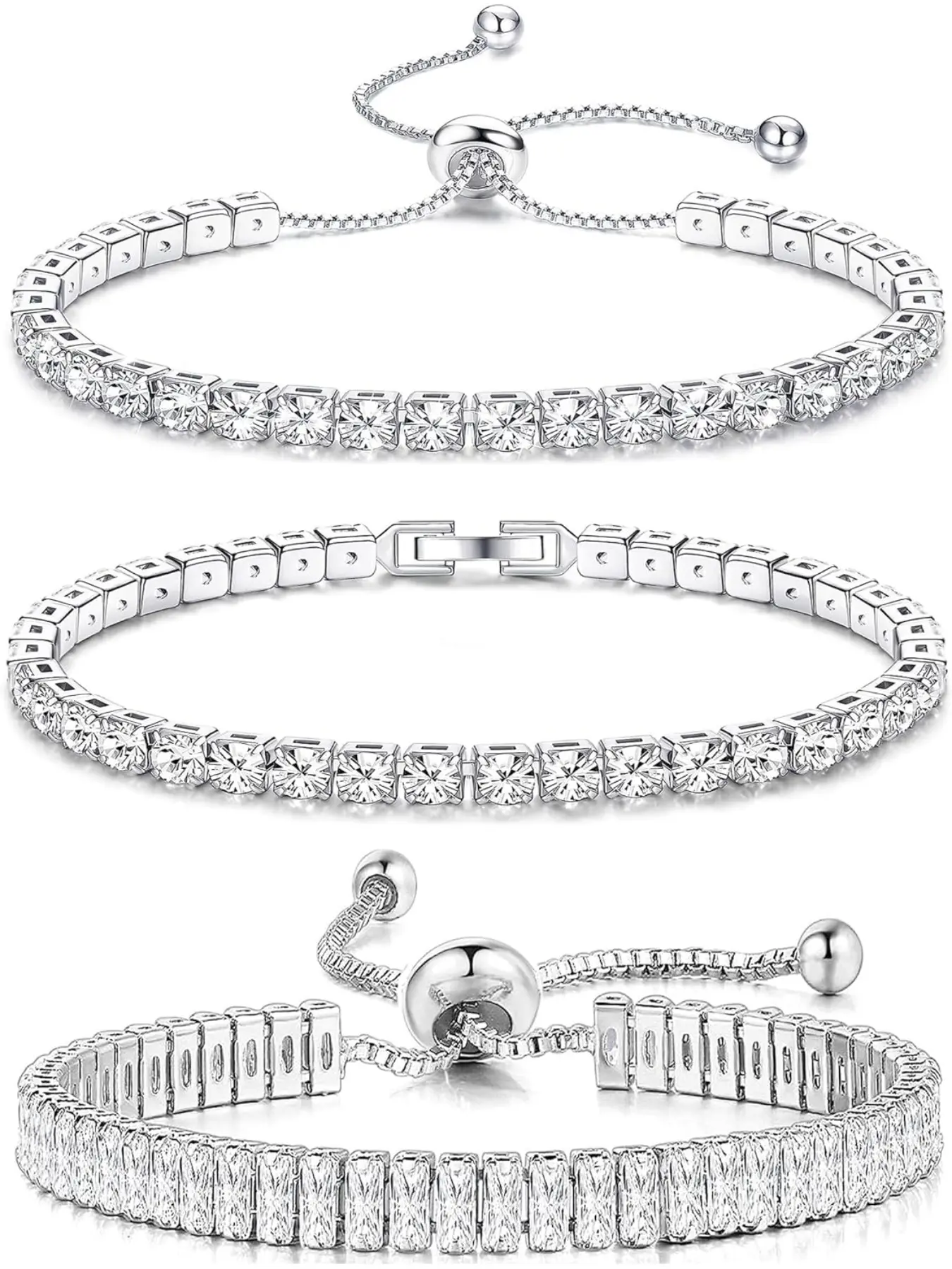 3PCS Tennis Bracelet Silver for Womens Girls Crystal Zirconia Slider Bracelets Adjustable Stack Bracelets Classic Tennis Bracelets Set Diamond Bracelet Jewellery Gift for Girlfriend,Mother,Wife,Friend