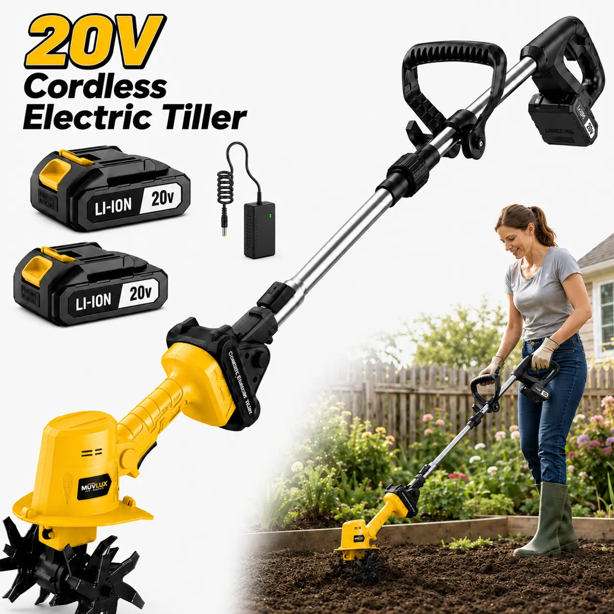 20V Cordless Electric Tiller Cultivator with 2 Lithium-Ion Batteries, Adjustable Telescopic Pole, Comfortable Handle, Lightweight Body for Soil Loosening, Weeding, Flower Beds