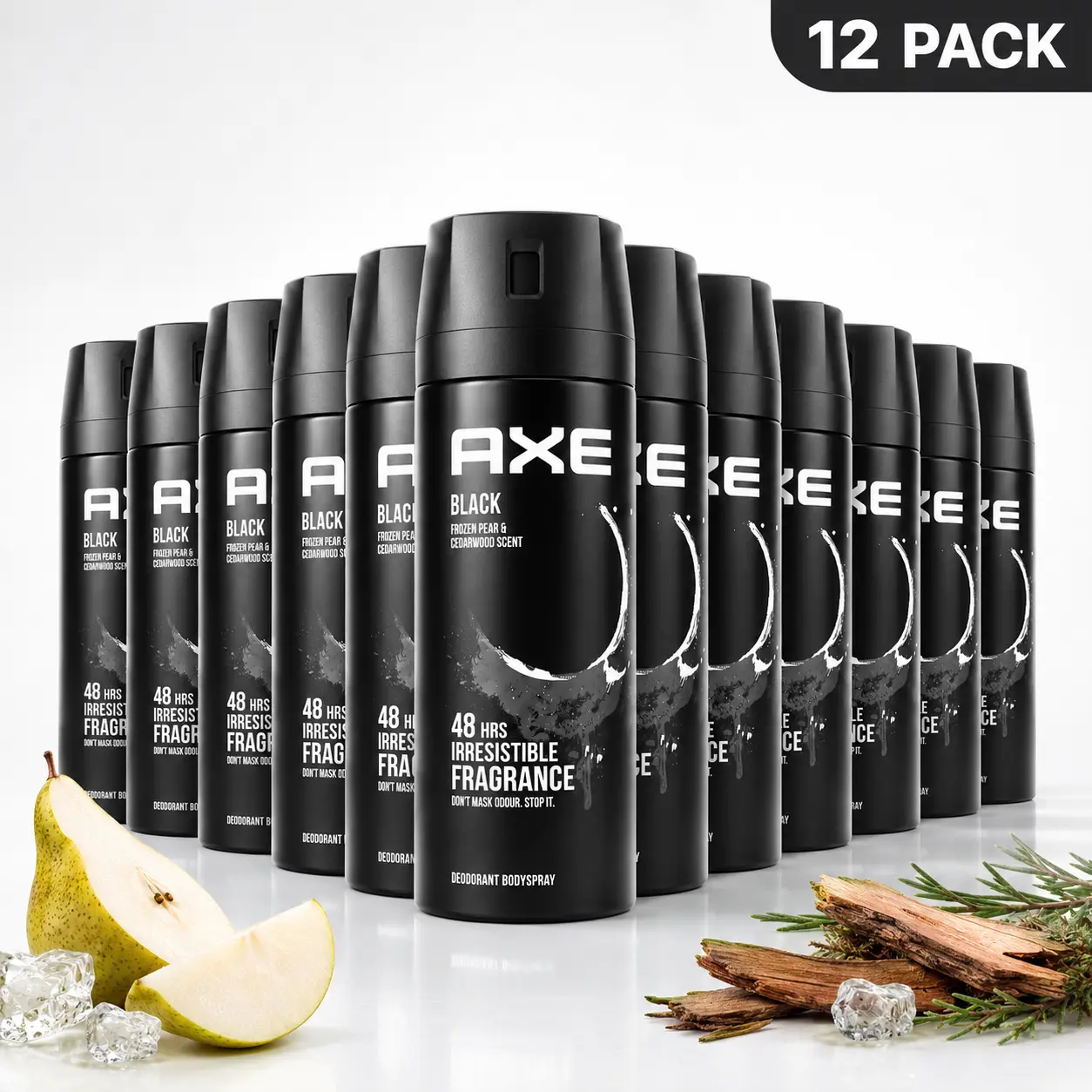 AXE Black Deodorant Body Spray Bulk 12-Pack - 48-Hour Long-Lasting Odor Protection for Men, Frozen Pear & Cedarwood Scent, 5 oz (150ml), Quick Spritz, Daily Use Toiletry