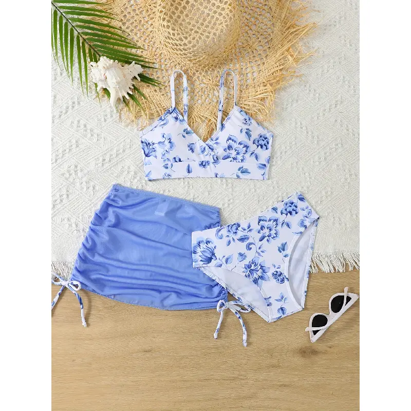 Girl's 3-Piece Floral Elastane Triangle Bikini Set for Teens - V-Neck Strap Top, High-Waisted Bottoms, Stretch Sun-Protective Beach Skirt