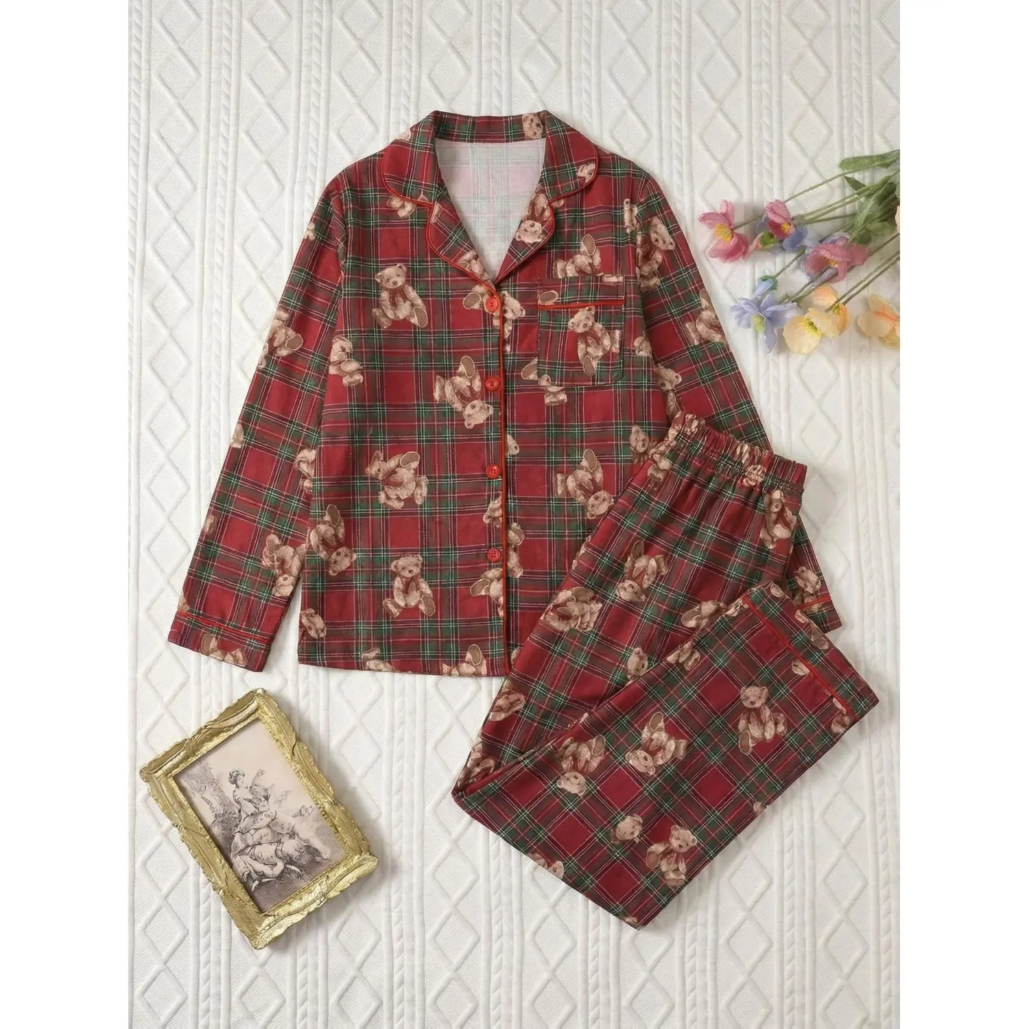 Cozy Tartan Plaid Pajama Set for Women - Teddy Bear Print Winter Sleepwear