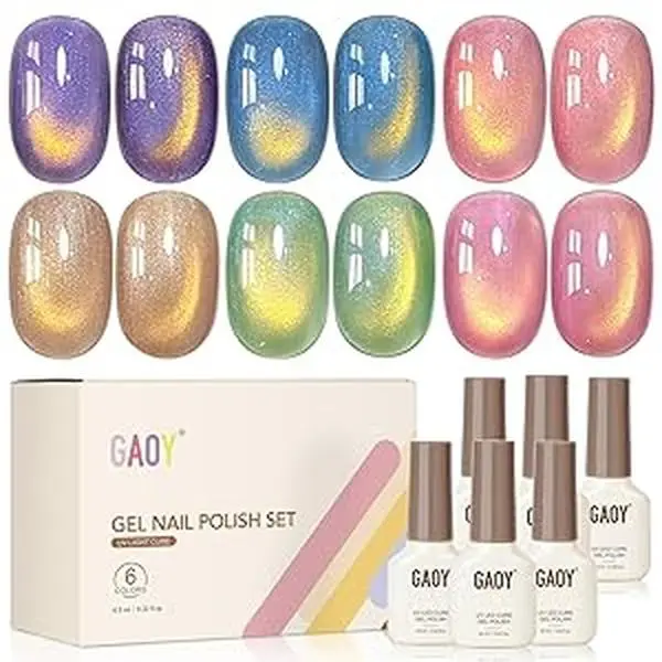 GAOY Glitter Cat Eye Gel Nail Polish Kit with Magnet, 6 Colors Colorful Holographic Nail Polish Set, UV Cure Gel for DIY Manicure at Home, Cosmic Light-Year