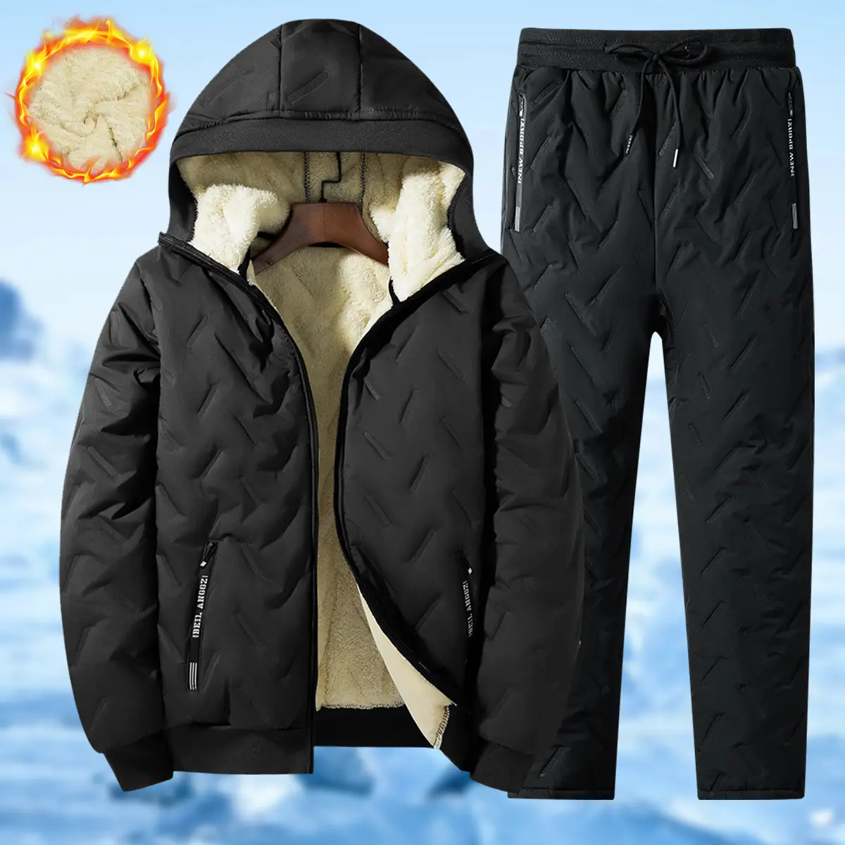 Men's Fitted 2-Piece Fleece Hooded Tracksuit - Polyester-Lined Zip Jacket, Straight Pants for Gym, Running, M