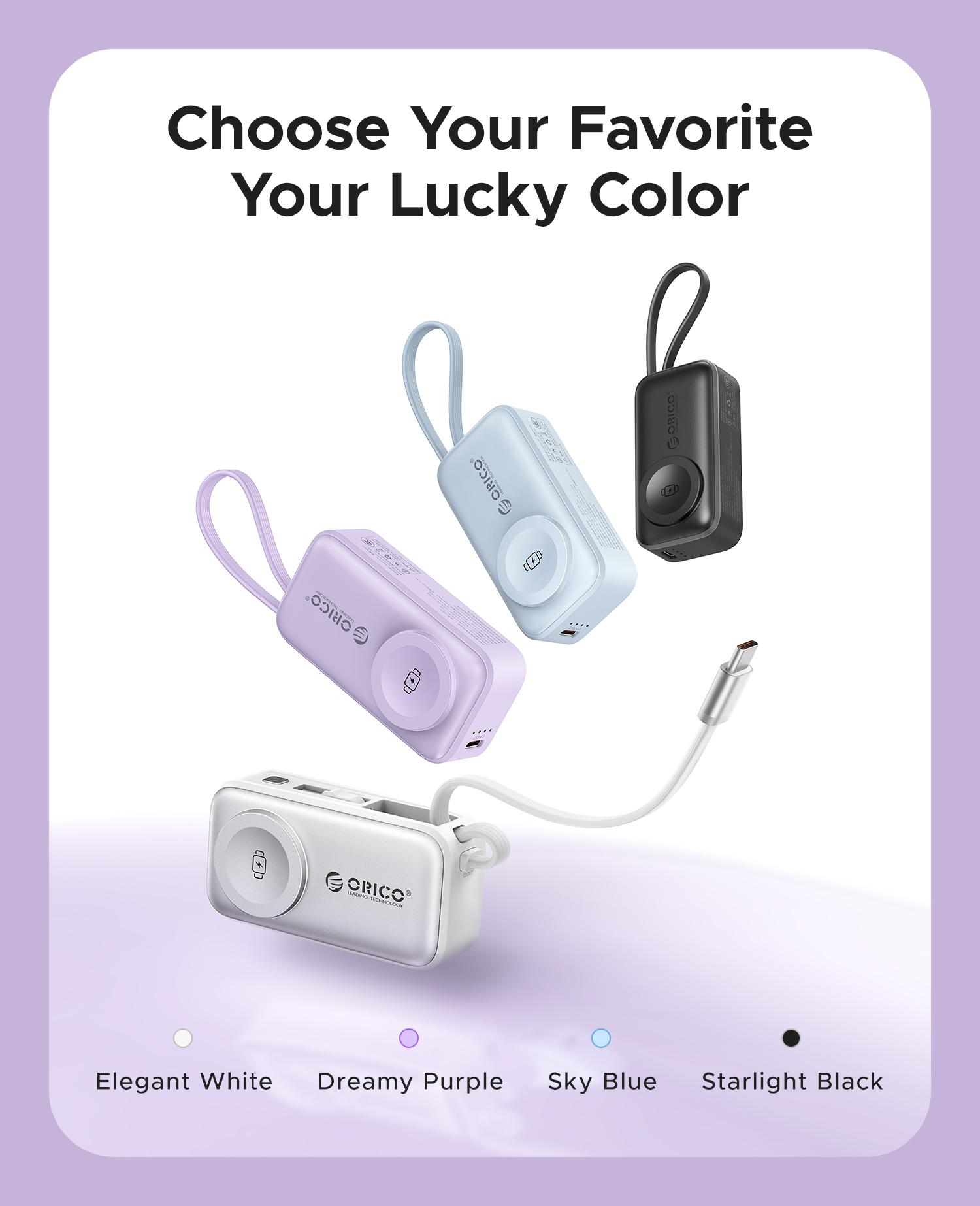 Orico 3-in-1 Portable Power Bank with Integrated Cable, Watch Wireless Charging, and Foldable Wall Plug – Compact Fast-Charge Battery for iPhone & Android - S18