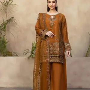 3 piece embroidered organza and Raw silk Plazoo Designer suit 40 bust size medium